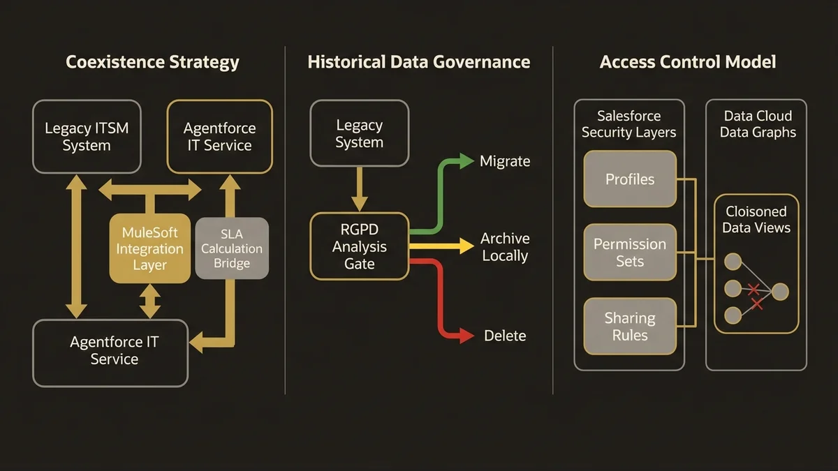 Three-pillar architecture for ITSM legacy migration with coexistence, data governance, and access control