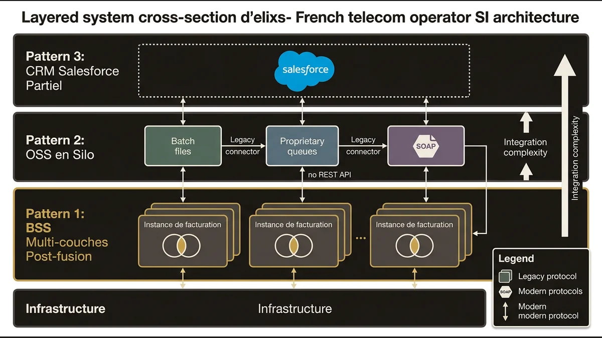 Three-layer diagram of French telecom legacy SI patterns: fragmented BSS, siloed OSS, partial Salesforce CRM