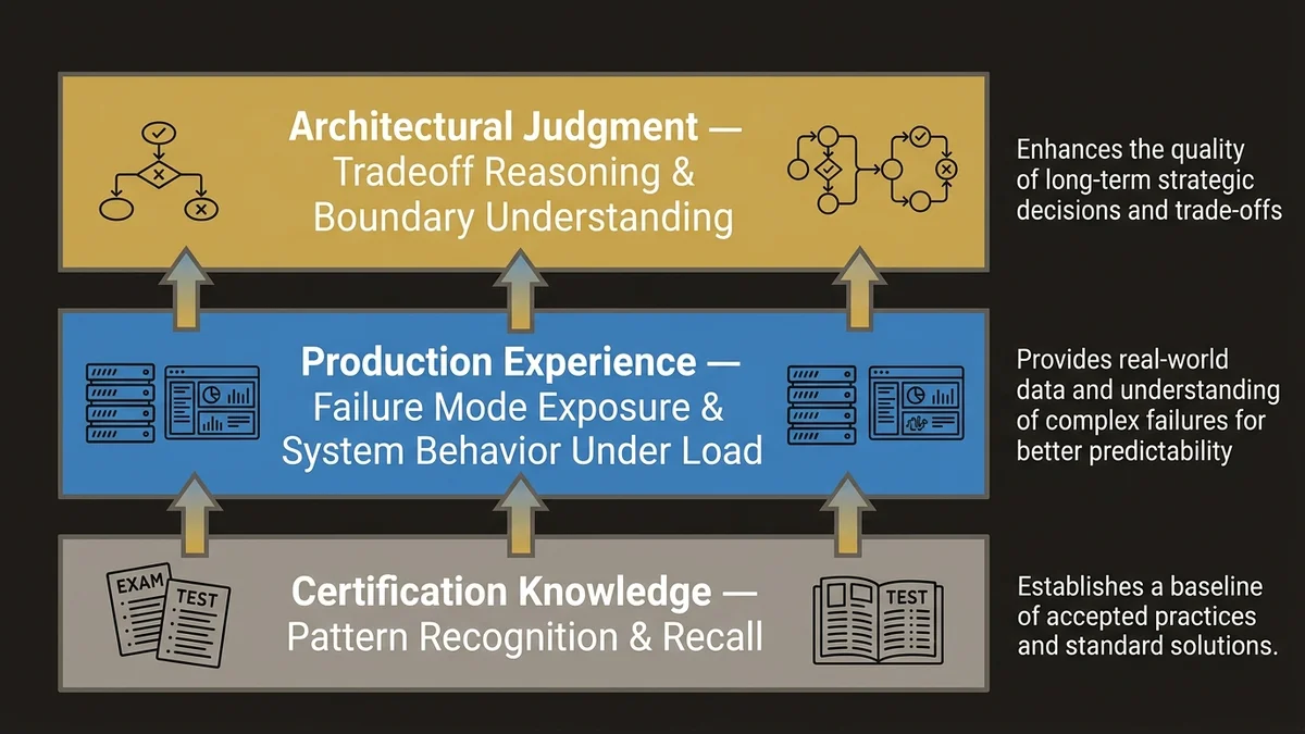 Three-layer stack showing progression from certification knowledge through production experience to architectural judgment.