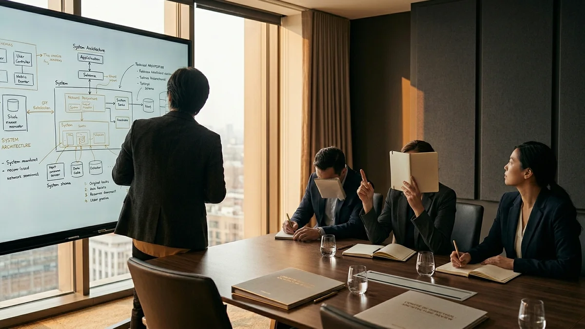 Architect presenting technical design to evaluation panel in professional conference setting