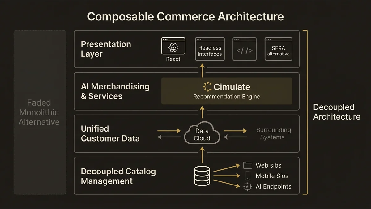 Four-layer composable commerce stack: catalog, data, AI services, and presentation layers with decoupled integrations.