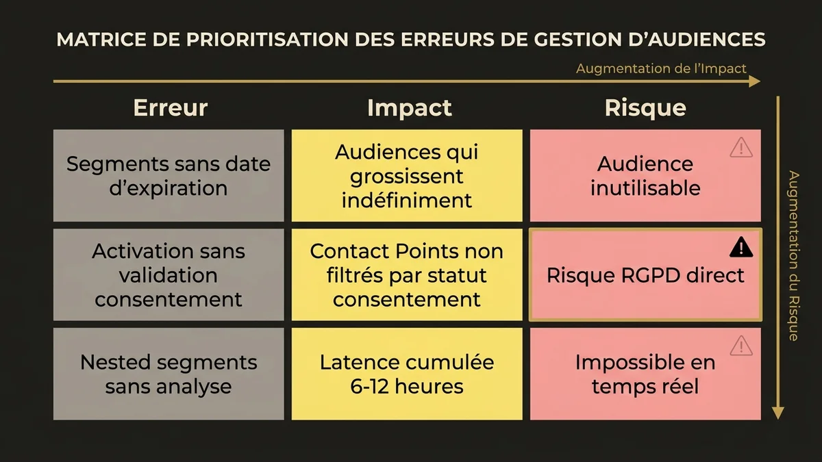Matrix of three configuration errors with impacts and regulatory risks in Data Cloud segmentation
