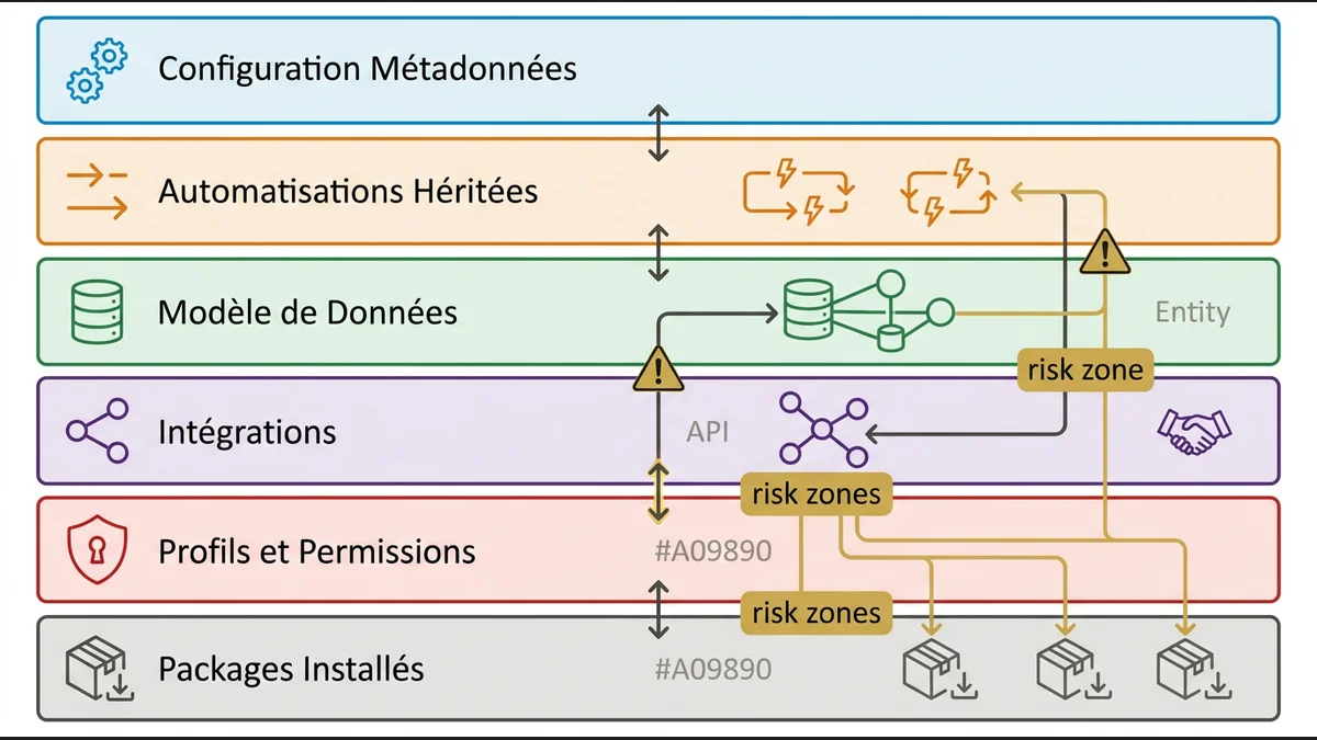 Six-layer Salesforce architecture stack showing configuration, automation, data model, integrations, permissions, and package
