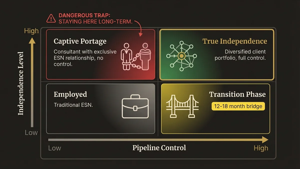 2x2 matrix showing independence vs pipeline control, highlighting the false independence trap