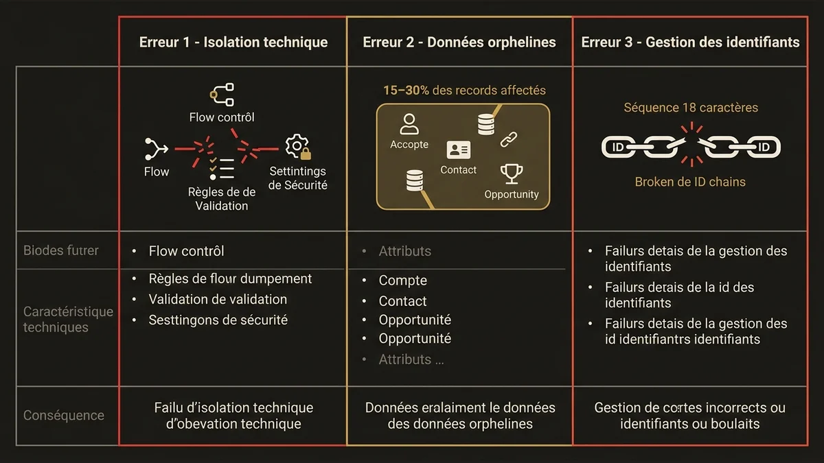 Three-column comparison of critical migration errors: technical isolation, orphaned data, and ID management.