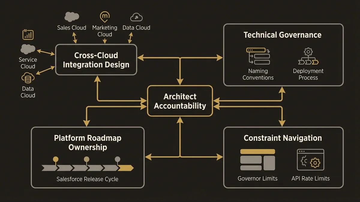 Four architect responsibilities connected to central accountability hub with cloud integration, governance, roadmap, and cons