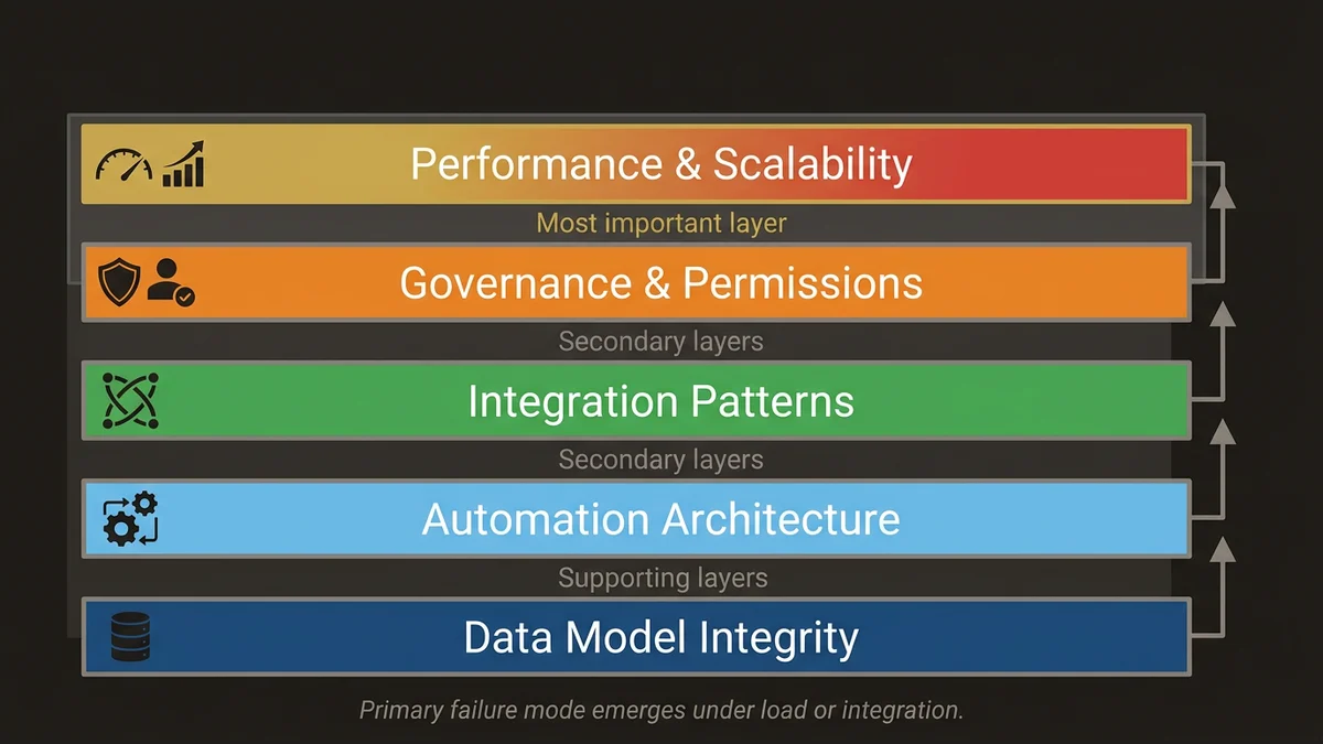 Five-layer stack diagram showing org health domains from data model foundation to performance scalability