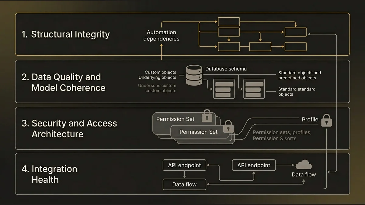 Four-layer assessment framework showing structural integrity, data quality, security, and integration health dimensions stack
