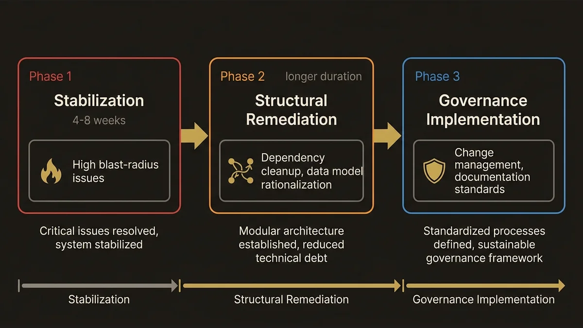 Three-phase remediation roadmap: stabilization, structural remediation, and governance implementation with timelines and outc