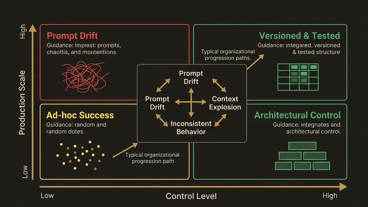 2x2 matrix showing prompt management maturity levels and three failure modes at scale.