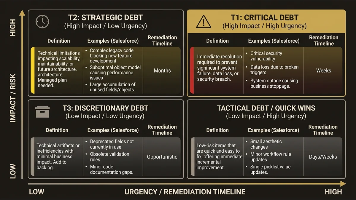 Three-tier risk classification matrix for Salesforce technical debt with definitions, examples, and remediation timelines.