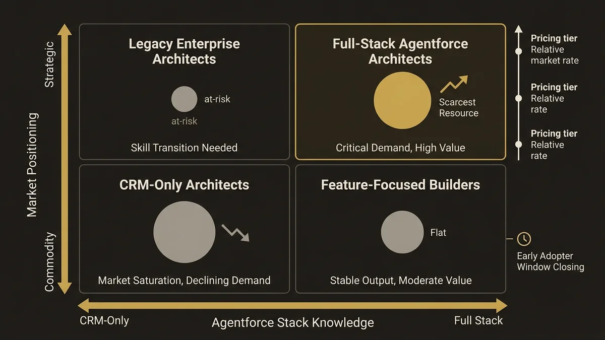 2x2 matrix mapping architect skill depth against market positioning and pricing tiers