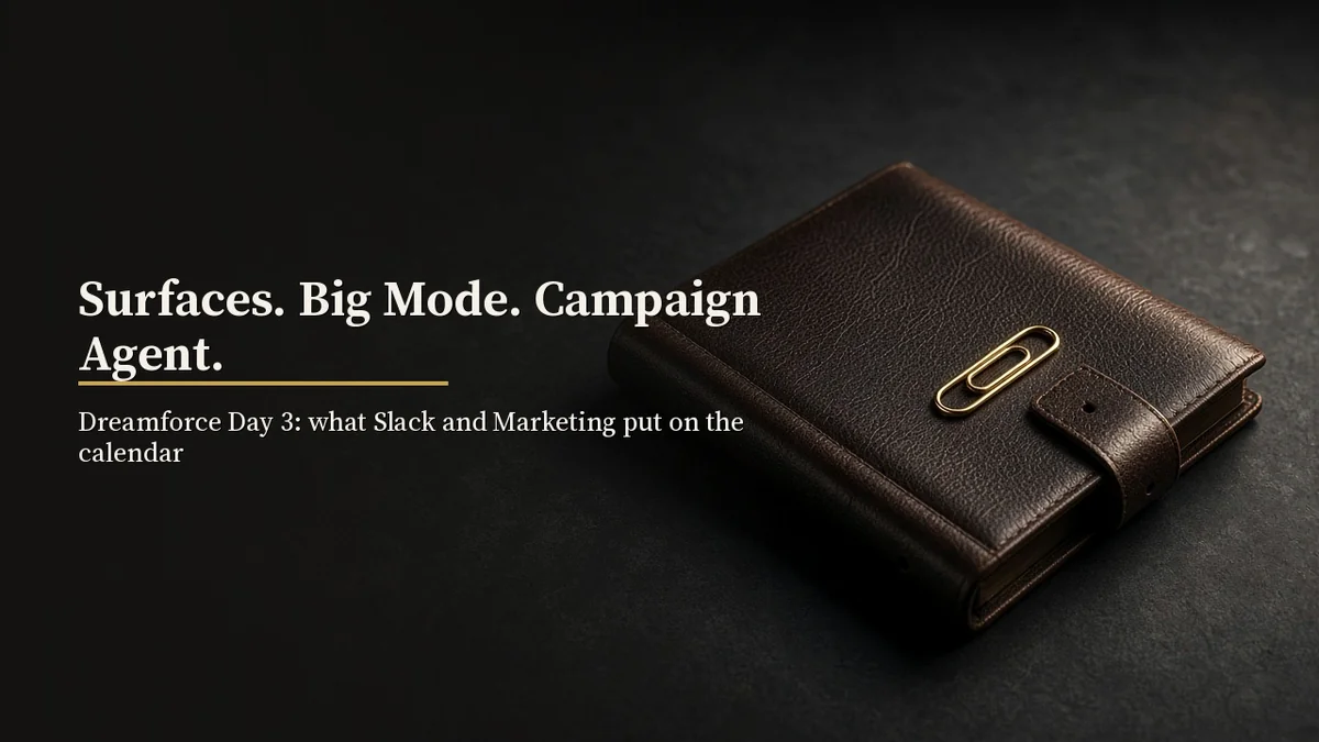 Surfaces. Big Mode. Campaign Agent. / Dreamforce Day 3: what Slack and Marketing put on the calendar; leather+brass canvas.