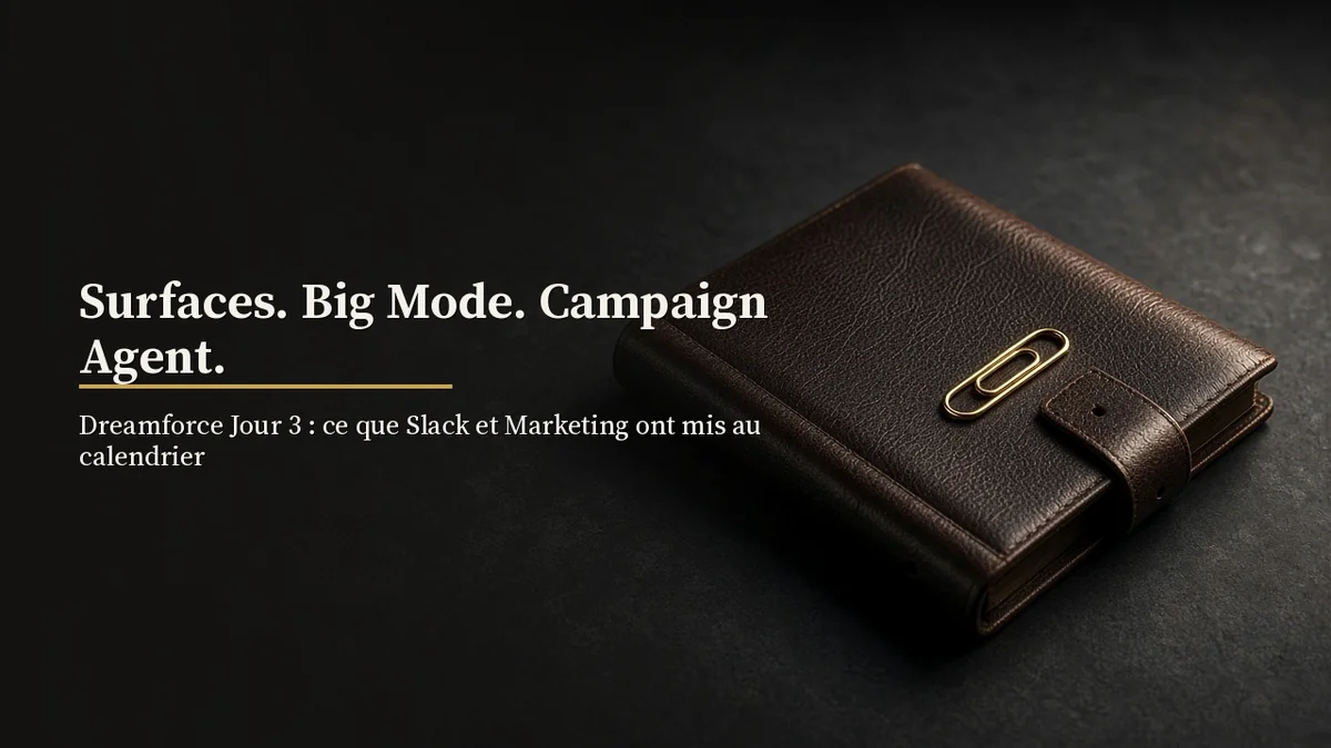 Surfaces. Big Mode. Campaign Agent. / Dreamforce Jour 3 : ce que Slack et Marketing ont mis au calendrier; leather+brass canvas.